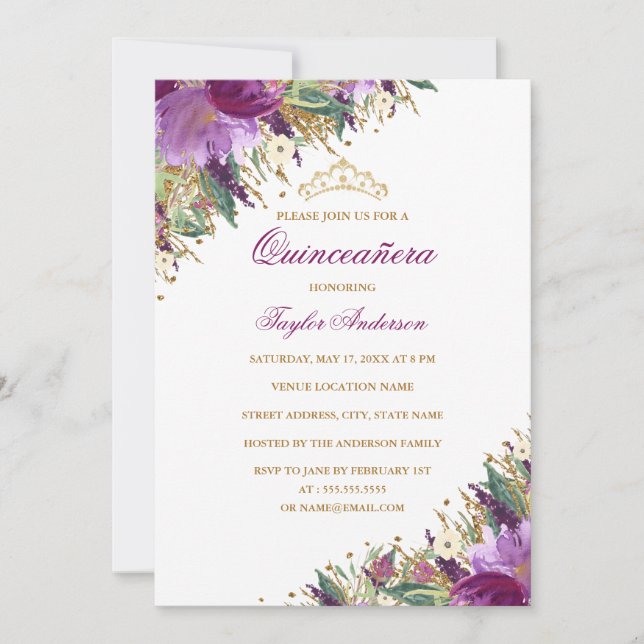 Sparkle Tiara Amethyst Purple Floral Quinceanera Invitation (Front)