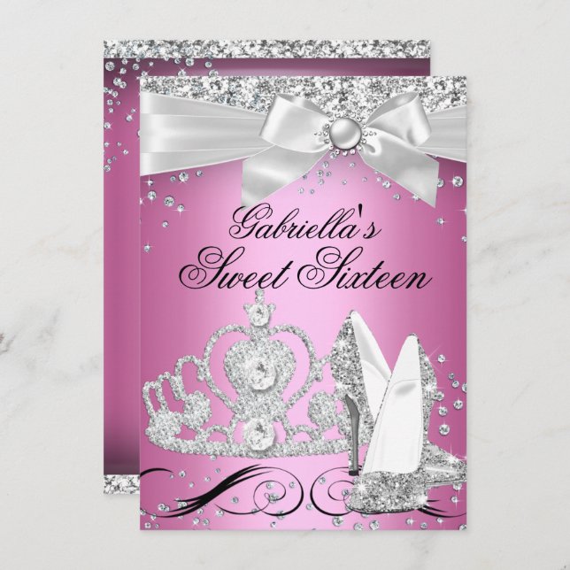 Sparkle Tiara Heels Pink Sweet 16 Invitation (Front/Back)