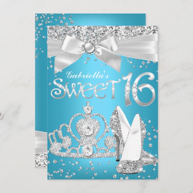 Sparkle Tiara Heels Sweet 16 Invite Blue (Front/Back)