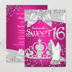 Sparkle Tiara & Heels Sweet 16 Invite Hot Pink