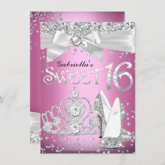Sparkle Tiara & Heels Sweet 16 Invite Pink (Front/Back)