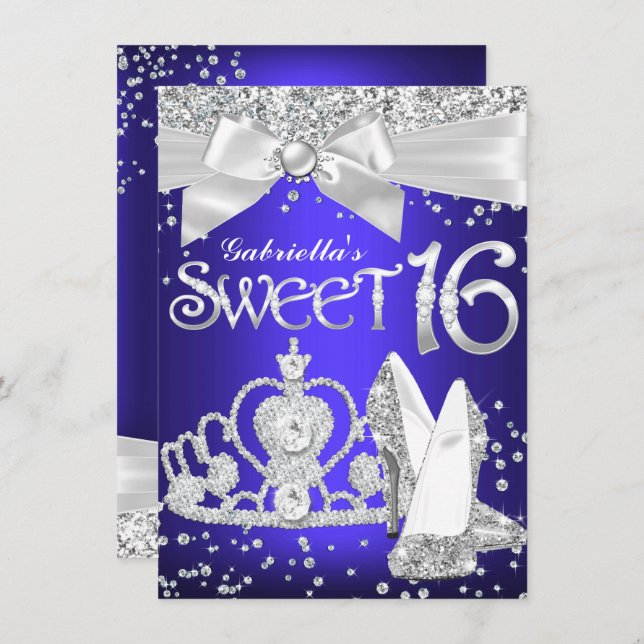 Sparkle Tiara & Heels Sweet 16 Royal Blue purple Invitation (Front/Back)