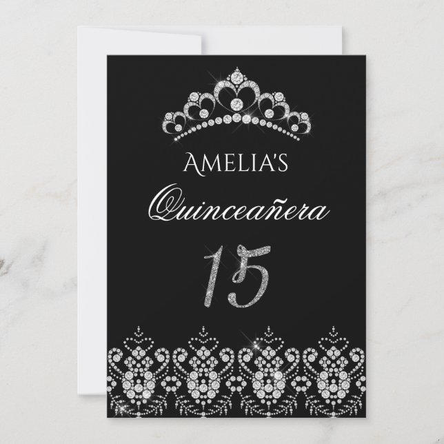 Sparkle Tiara Silver Black Quinceanera Invitation (Front)