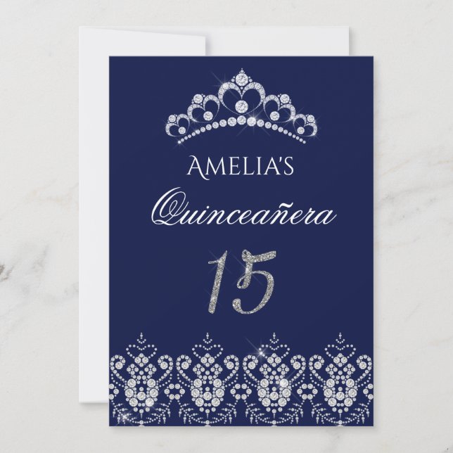 Sparkle Tiara Silver Navy Quinceanera Invitation (Front)