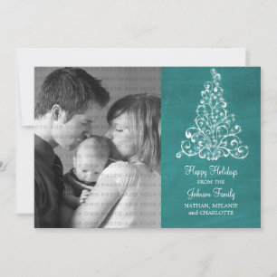 Sparkle Tree Chalkboard Flat Photo Card, Teal Holiday Card