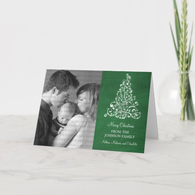 Sparkle Tree Chalkboard Holiday Card, Green Card (Front)