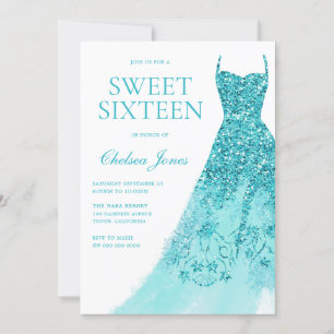 Sparkle Turquoise Dress Sweet 16 Party Invitation