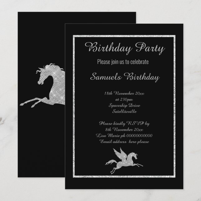 Sparkle Unicorn Black Background Birthday Invitation (Front/Back)