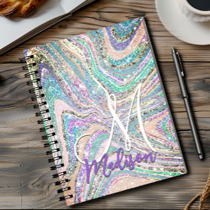 Sparkle unicorn rainbow pink mint marble art notebook