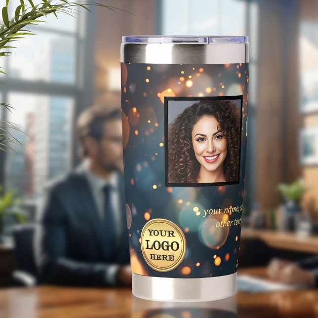  Sparkles Custom Logo Photo Business Insulated Tumbler (Office thermal tumbler featuring your custom logo, photo and texts on a festive sparkling design)
