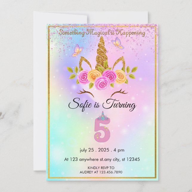 Sparkles Magical Unicorn 5th Birthday invitation (Front)