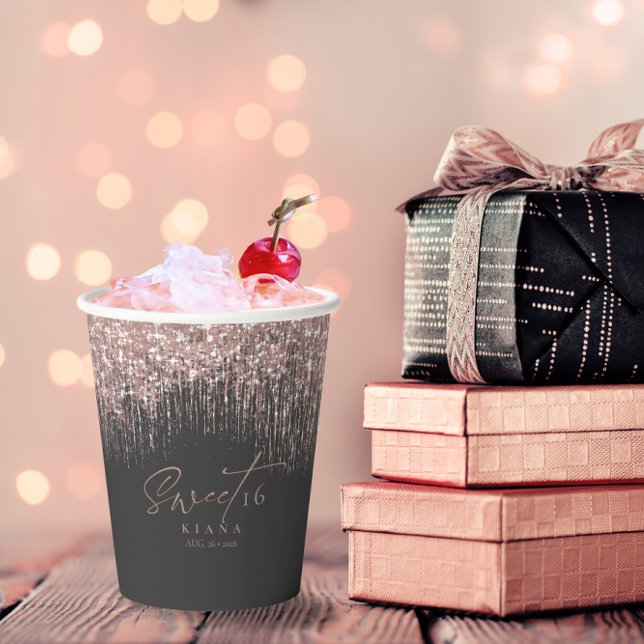 Sparkles Sweet Sixteen Rose Gold/Blk ID912 Paper Cups (Creator Uploaded)