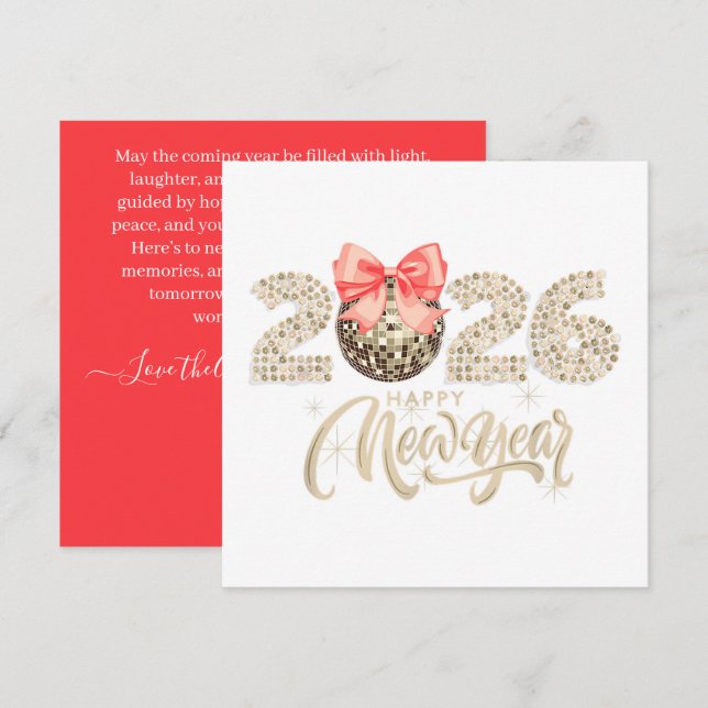 Sparkling 2026 New Year’s Card with Disco Ball Bow (Front/Back)