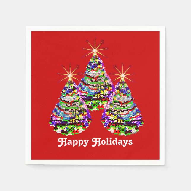 Sparkling Abstract Christmas Trees Design on Red Napkin (Front)