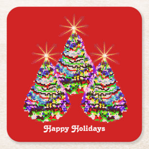 Sparkling Abstract Christmas Trees Design on Red Square Paper Coaster