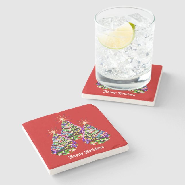 Sparkling Abstract Christmas Trees Design on Red Stone Coaster (Side)