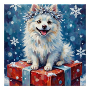 Sparkling American Eskimo Dog Festive Gift Cushion Poster