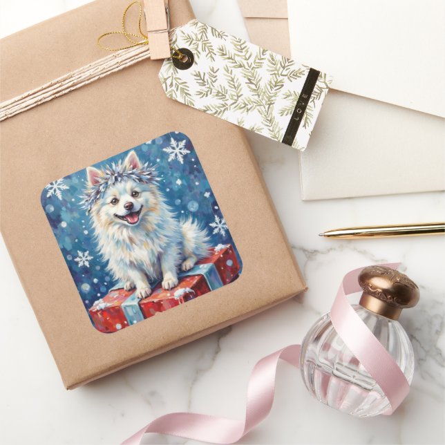 Sparkling American Eskimo Dog Festive Gift Cushion Square Sticker (Gifting)