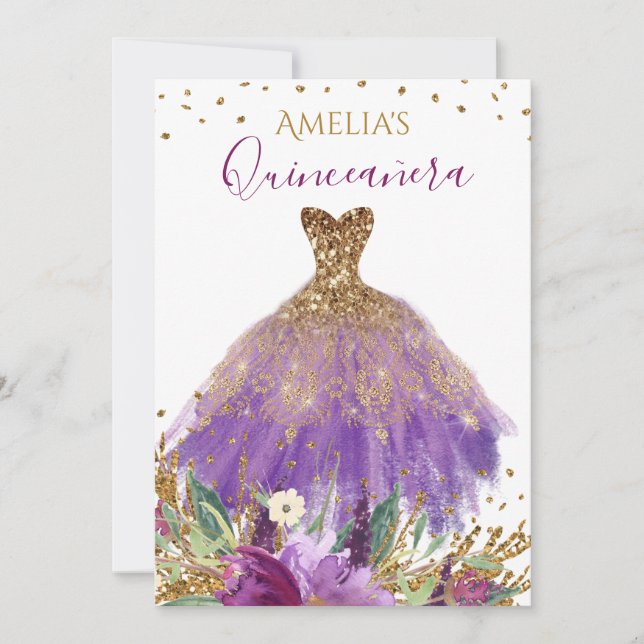 Sparkling Amethyst Dress Quinceanera Invite (Front)