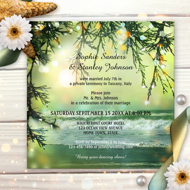 Sparkling Beach Post or After Wedding Invitation (Wedding reception only invitation featuring a painting of an ocean with sparkling bokeh lights)