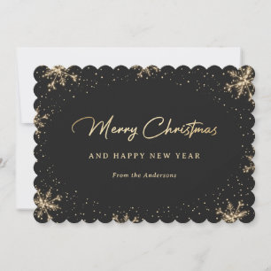 Sparkling Black and Gold Snowflake Snowy Holiday Card