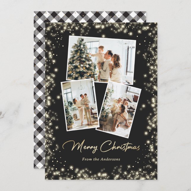 Sparkling Black and White Photo Christmas Card (Front/Back)