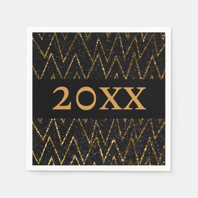 Sparkling Black & Chevron | Custom Gold New Year Napkin (Front)