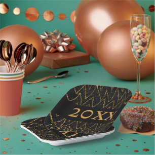 Sparkling Black & Chevron Custom Gold New Year Paper Plate