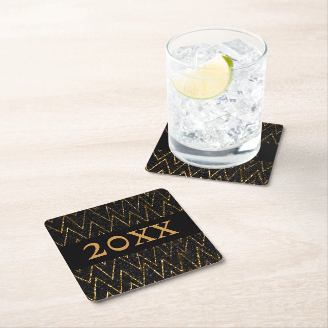 Sparkling Black & Chevron | Custom Gold New Year Square Paper Coaster (Insitu)