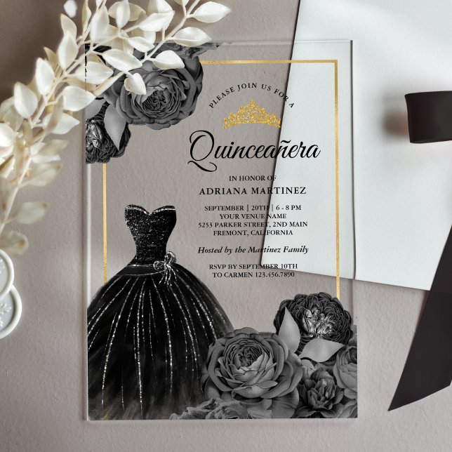 Sparkling Black Gown Grey Roses Gold Quinceanera Acrylic Invitations (Creator Uploaded)