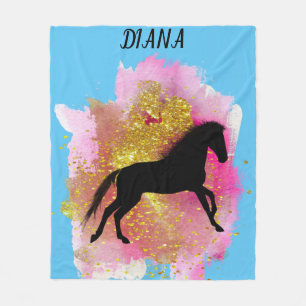 SPARKLING BLACK HORSE PERSONALIZED BLANKET. FLEECE BLANKET