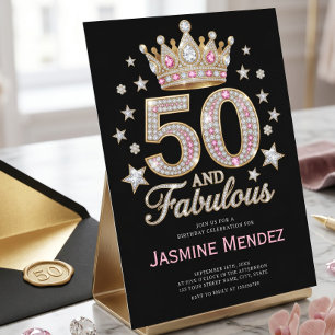 Sparkling Black Pink Glam 50 & Fabulous Birthday  Invitation