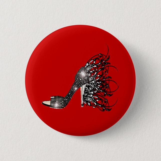 Sparkling Black Stiletto on Red 6 Cm Round Badge (Front)