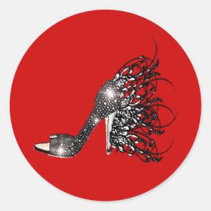 Sparkling Black Stiletto on Red Classic Round Sticker