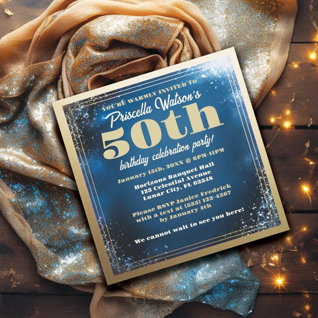 Sparkling Blue and Gold 50th Birthday Party  Invitation (BLUE and GOLD GLAMOR GLITTER BIRTHDAY PARTY INVITATION)