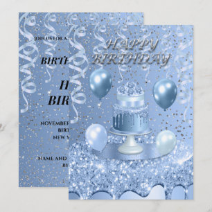 Sparkling Blue Birthday Cake Invitation