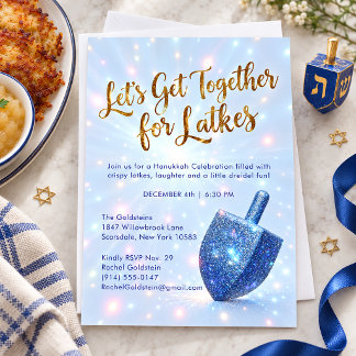 Sparkling Blue Dreidel Hanukkah Latke Party  Invitation