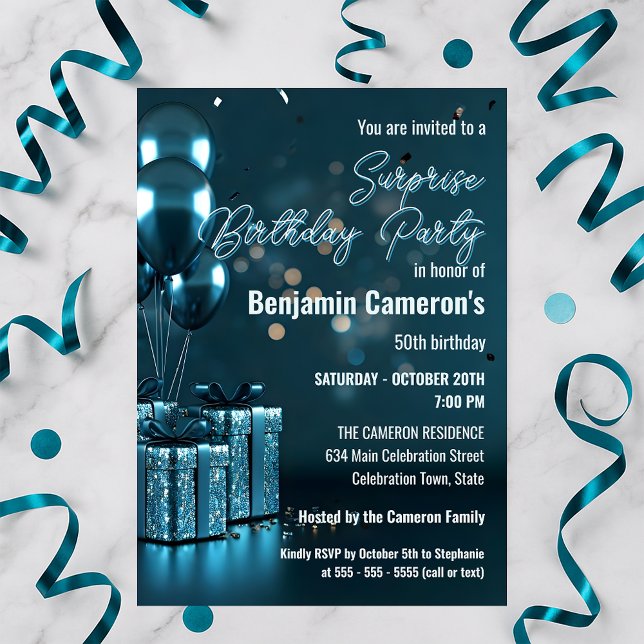  Sparkling Blue Glam 50th Surprise Birthday Party Invitation (Creator Uploaded)