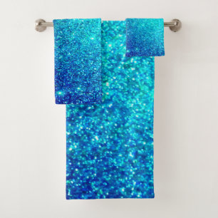 Sparkling Blue Glittery Ombre Teal Colourful Cute Bath Towel Set