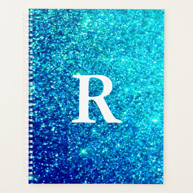 Sparkling Blue Glittery Teal Monogram Initials Planner (Front)