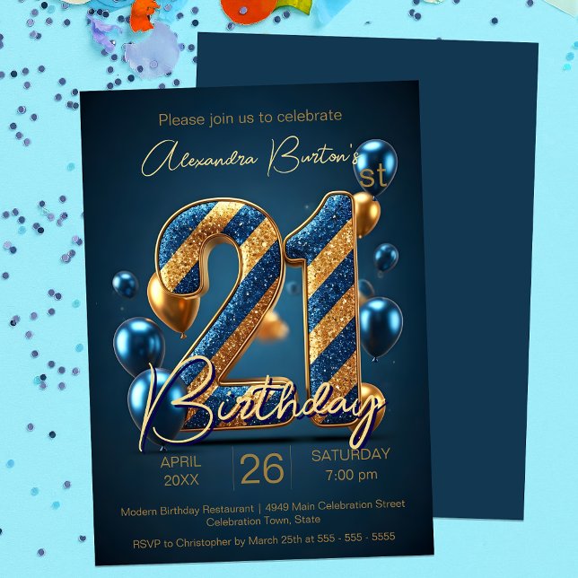 Sparkling Blue Gold Stripes Balloons 21st Birthday Invitation (Creator Uploaded)