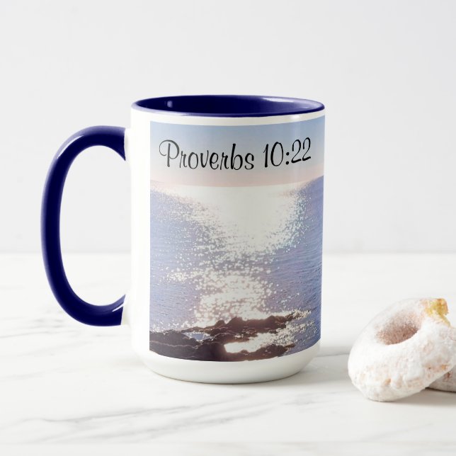 Sparkling Blue Ocean Blessings Bible Verse Mug (With Donut)