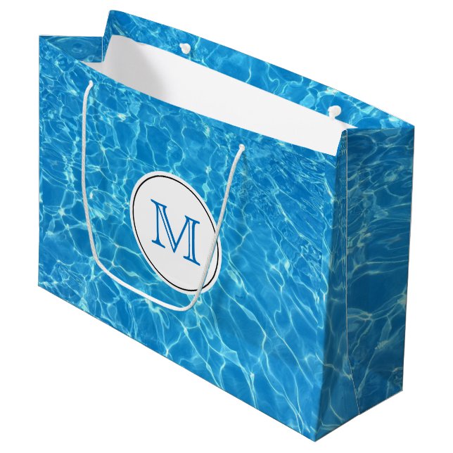 Sparkling Blue Swim Team Pool Blue Water Monogram Large Gift Bag (Front Angled)
