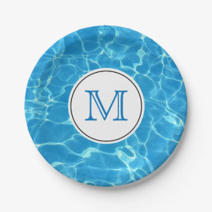Sparkling Blue Swimming Pool Water Monogram Paper Plate