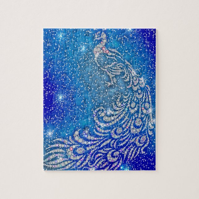 Sparkling Blue & White Peacock Jigsaw Puzzle (Vertical)