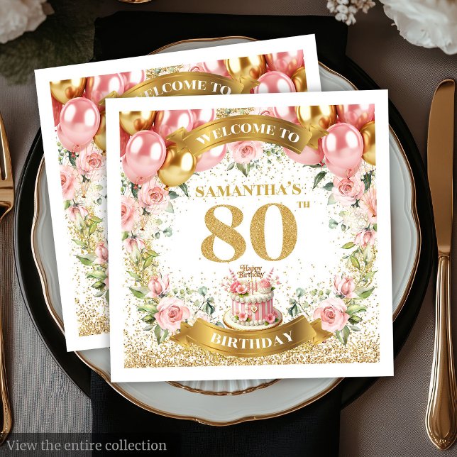 Sparkling Blush Floral 80th Birthday Party Napkins (Sparkling Blush Floral 80th Birthday Party Napkins)