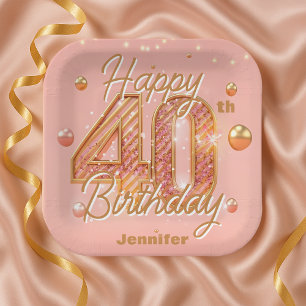 Sparkling Blush Pink and Gold 40th Birthday Paper Plate