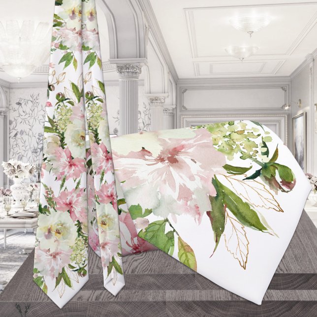 Sparkling Blush Pink & Greenery White Wedding Tie (Creator Uploaded)
