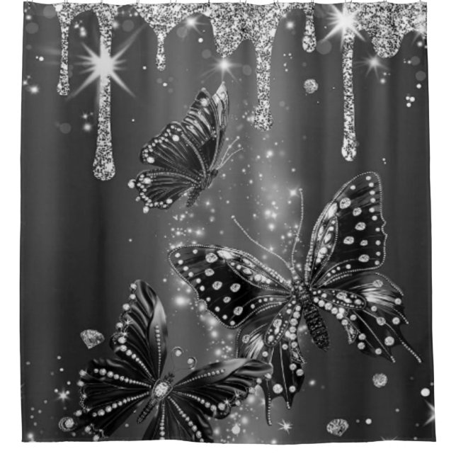 Sparkling Butterflies in Silver Shower Curtain (Front)