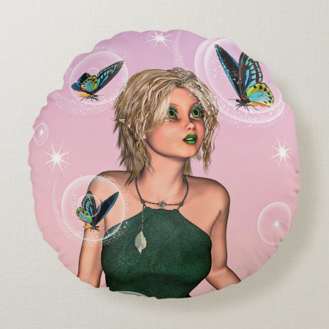 Sparkling Butterfly Fairy Fantasy Art Round Cushion (Front)